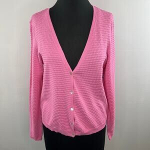 Draper James RSVP Hot Pink Cotton Knit Button-Up V Neck Cardigan Sweater L NWT